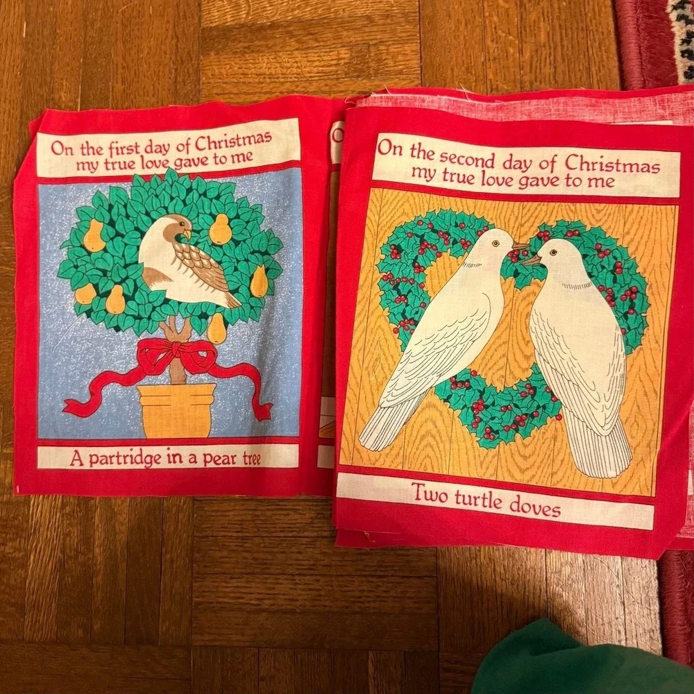 Vtg fabricThe Twelve Days of Christmas to be cut and sewn into  quilted book
